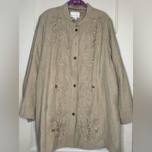 Susan Graver Style Women’s Size 2X Faux Suede Embroidered Shacket • Beige GUC